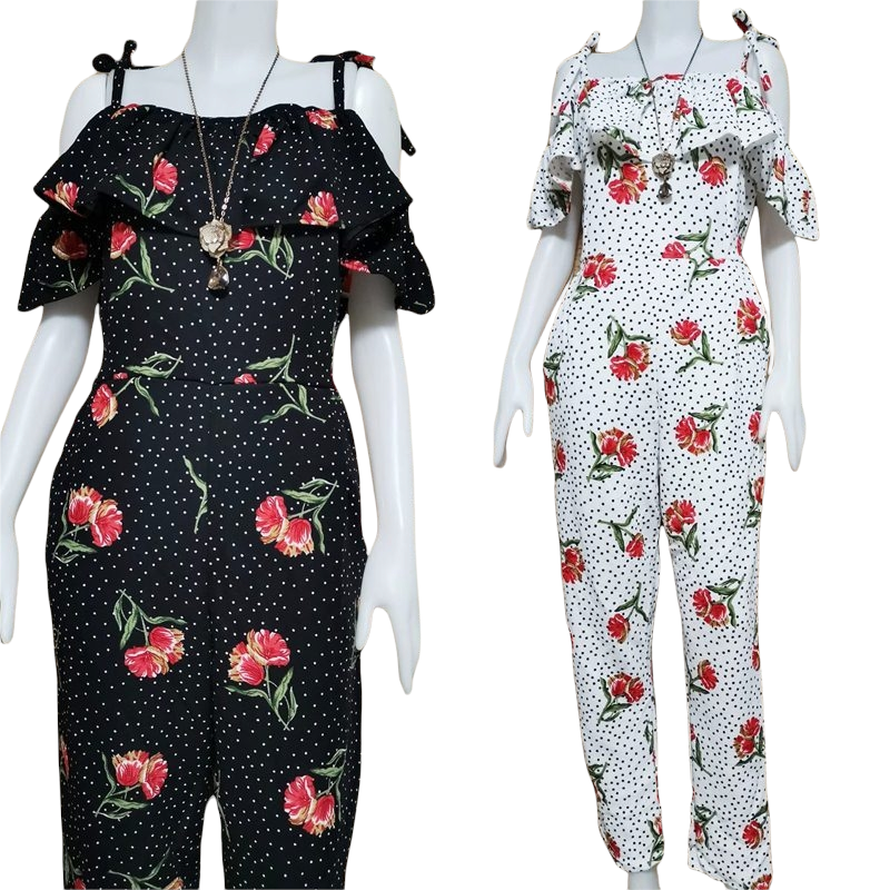 Jumpsuit668 Big Size จัมพ์สูทขายาวทรงเว้าไหล่แต่งระบายลายจุดดอกไม้ เอวสม็อคยางยืด มีกระเป๋าข้าง ผ้าวูลเวฟ(ผ้าหนังไก่)เนื้อดีหนานุ่มใส่สบาย ผ้ายืดขยายได้เยอะ งานดีทรงดีลายสวย ชุดเดียวสวยจบ มี 2 สี ขาว, ดำ