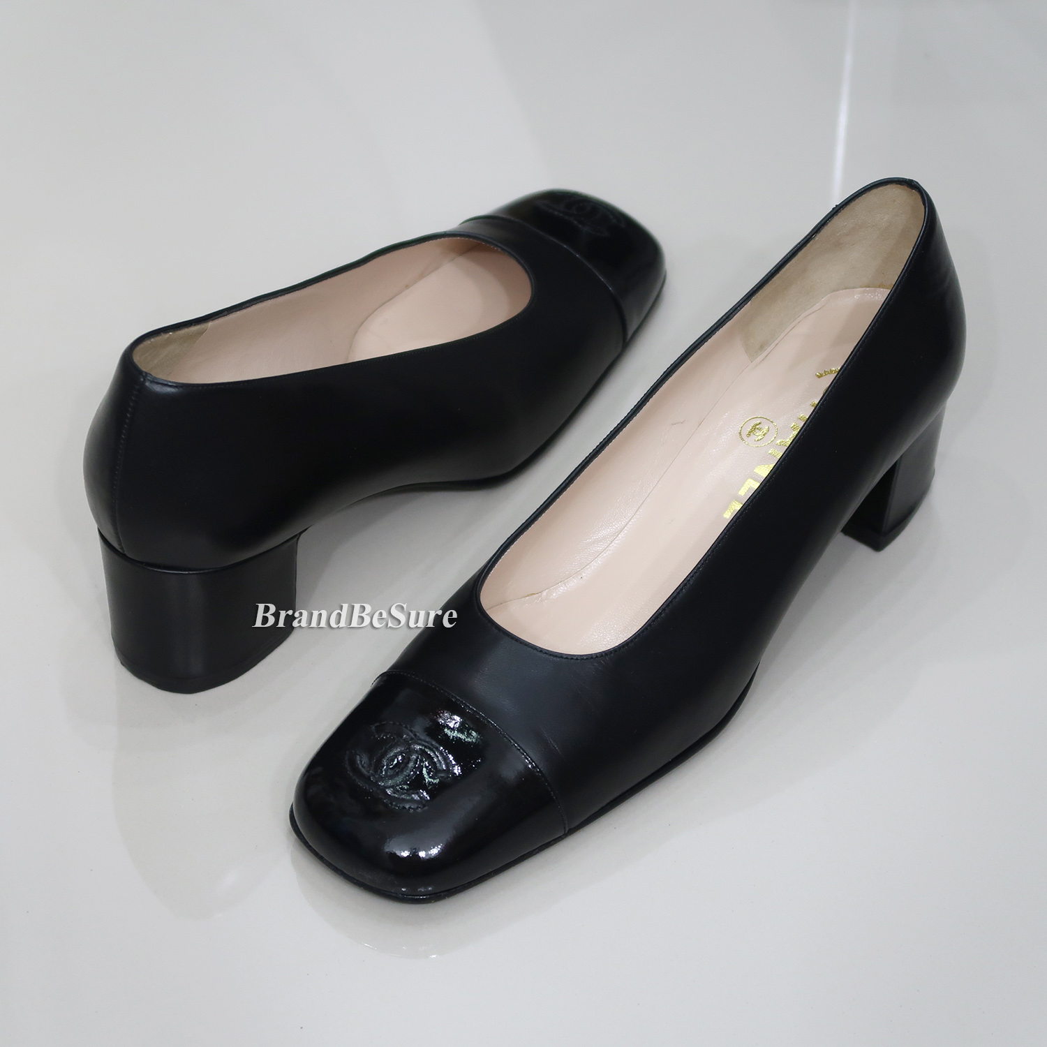 Chanel Black Calf Leather Patent Cap Toe Pumps Size 38.5
