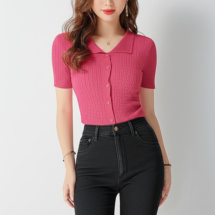 Blouse3897 เสื้อแฟชั่นนำเข้า เสื้อไหมพรมคอปกกระดุมผ่าหน้าสีชมพูเข้ม งานผ้าไหมพรมเนื้อดีนุ่มเนียนยืดขยายได้เยอะใส่สบาย