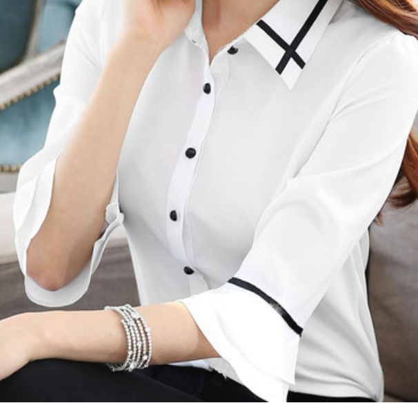 เสื้อเชิ้ต ใส่ทำงาน แฟชั่น เสื้อเชิ้ตผู้หญิง ดีไซน์ แขนเป็นระบาย เล็กน้อย เสื้อเชิ้ต สวย ๆ สีฟ้า สีเขียว สีขาว 662027