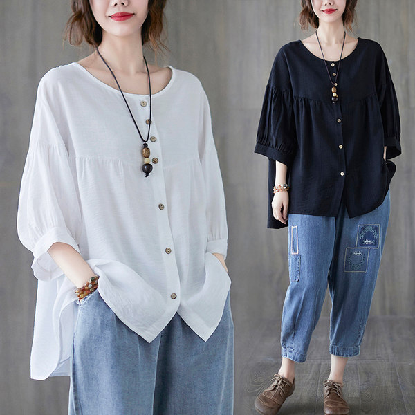 เสื้อลินินคนอ้วน เสื้อทีเชิ้ตคนอ้วนผู้หญิง เสื้อทีเชิ้ตตัวใหญ่ By Literary Plus size