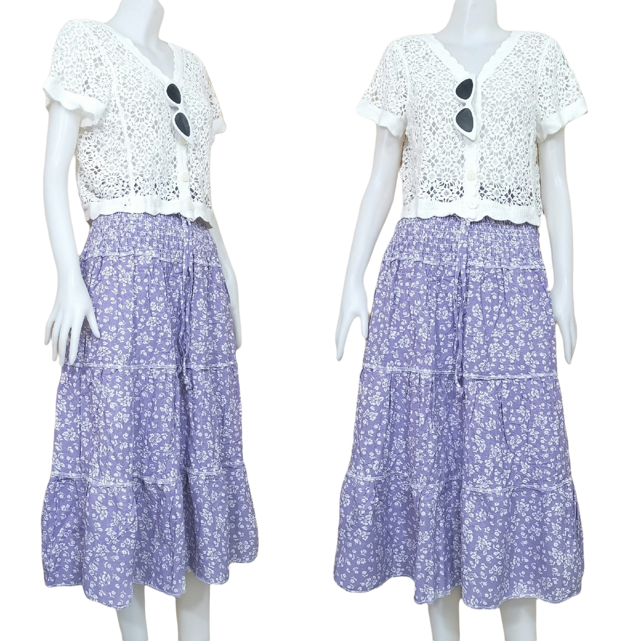 Skirt403-406 กระโปรงยาวลายดอกไม้ เอวสม็อคยางยืด ผ้าคอตตอนยีนส์, ผ้าสกินนี่เนื้อดีมีน้ำหนัก งานสวยน่ารักทรงนี้มีติดตู้ไว้ใส่ได้เรื่อยๆ งานน่ารักแมทช์กับอะไรก็เข้า