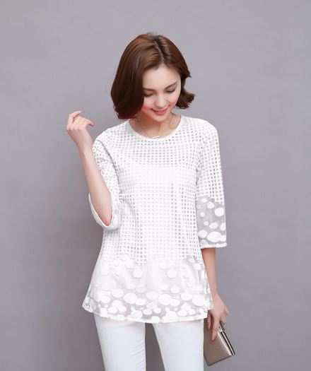 เสื้อผู้หญิง เสื้อแฟชั่น สีขาว แขนสามส่วน เสื้อสีขาว สำหรับผู้หญิง ดีไซน์ เก๋ วัยรุ่่น ใส่เที่ยว ผสม ดีไซน์ ผ้าลูกไม้ เก๋ ๆ ลายตาราง 501201_1