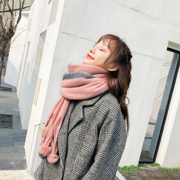 ผ้าพันคอไหมพรมเนื้อนุ่ม แต่งแถบสี ชายผ้ามีลูกเล่นน่ารัก สไตล์เกาหลี พร้อมส่ง same pic