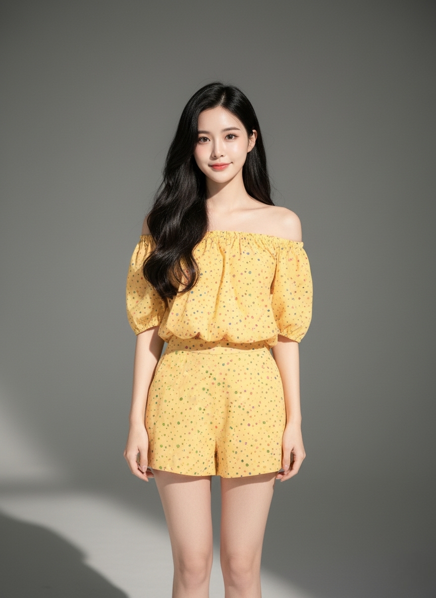 🌼 Set_bp709 ชุดเซ็ท 2 ชิ้น เสื้อเปิดไหล่+กางเกงขาสั้น ลายจุดคัลเลอร์ฟูล