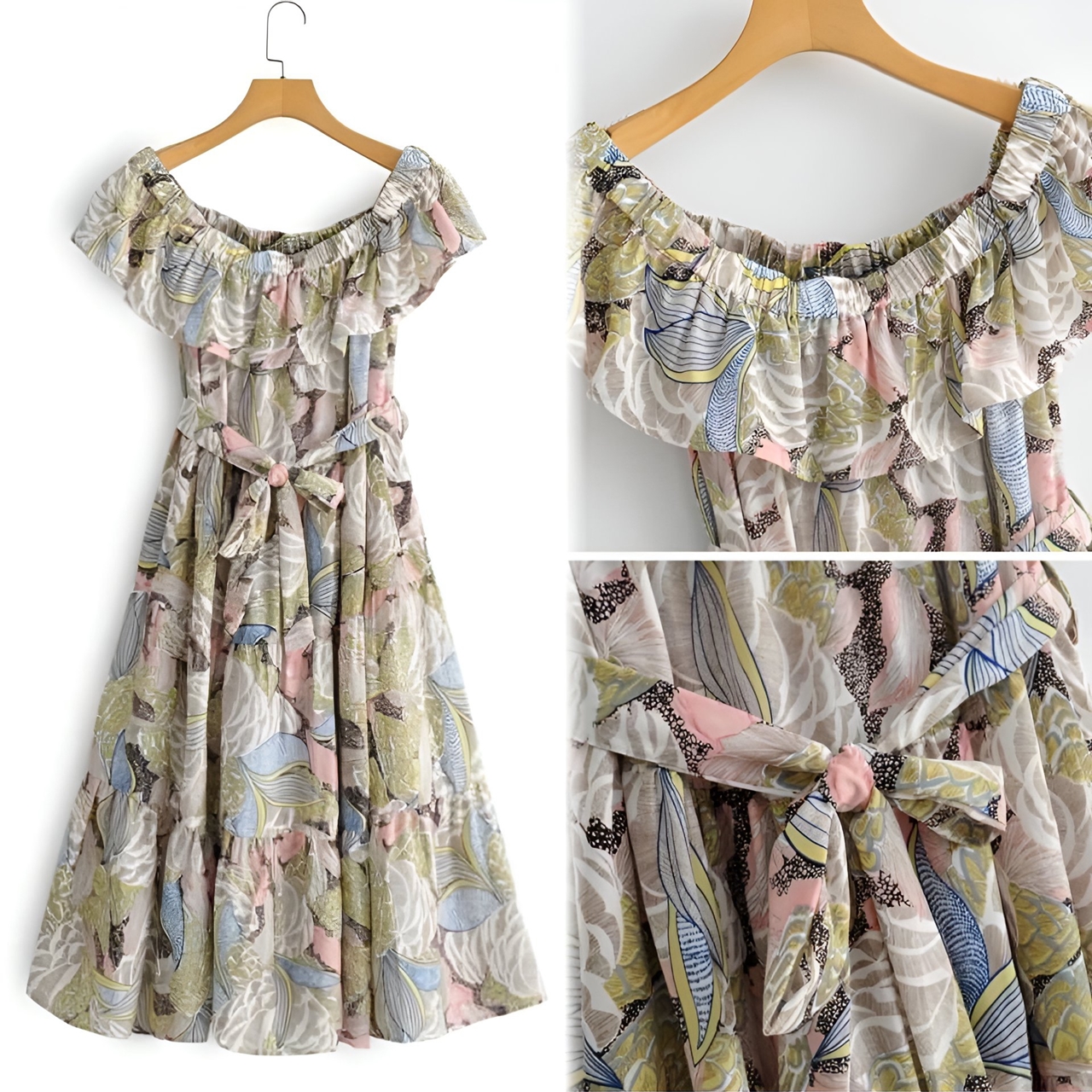 🌸✨ Dress4704 เดรสยาวเปิดไหล่ลายดอกไม้ ชีฟองพรีเมียม ทรงสวยคลาสสิคใส่ได้ทุกโอกาส