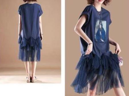 ชุดเดรส ผ้ายืด สีน้ำเงิน กรมท่า เดรสใส่เที่ยว ตัวหลวม ๆ กระโปรงยาว แต่ง ระบาย ด้านล่าง เก๋ ๆ 527865
