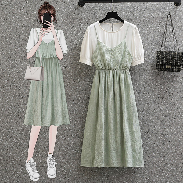 เดรสคนอ้วน เดรสสาวอวบ ชุดเดรสคนอ้วนวัยรุ่นแขนสั้น BY PLUS SIZE Girl