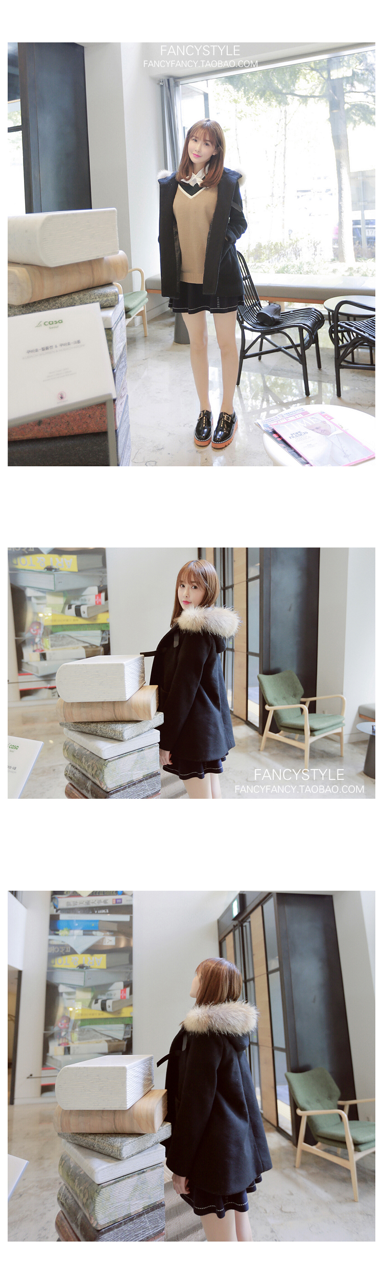 เสื้อโค้ท สีดำ แต่งขนเฟลอรอบฮู้ด (ถอดฮูดไม่ได้นะคะ) น่ารักมาก เนื้อผ้าสำลีไม่หนา บุซับในกันลม (ตัวขนของจริงจะฟูประมาน3/4ของในรูปจ้า) ดำ