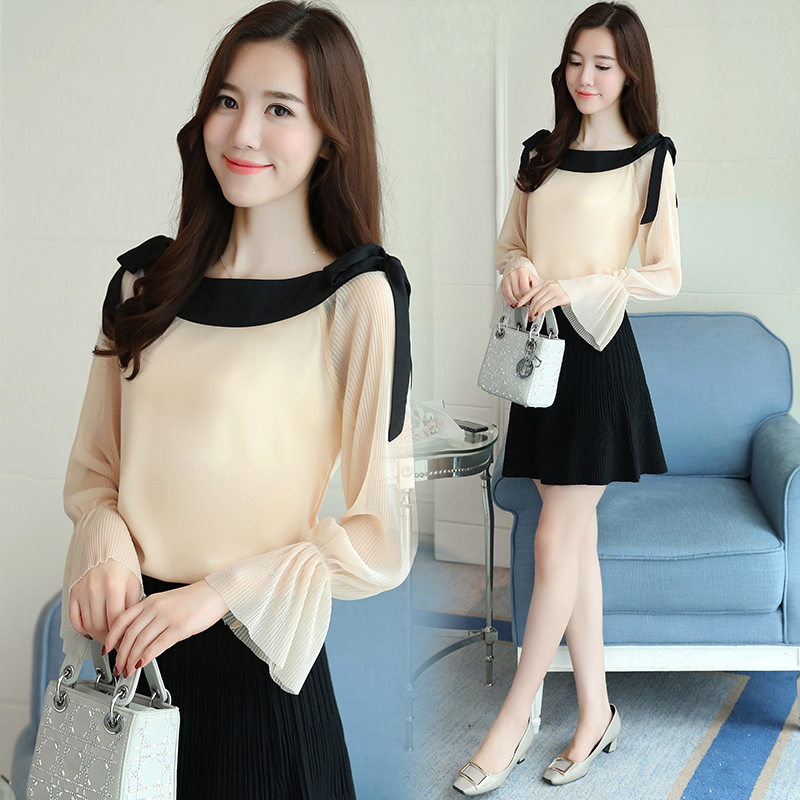 Blouse3781 เสื้อแขนยาวผูกโบว์ไหล่แต่งขอบอกสีดำตัดกับตัวเสื้อดูมีดีเทล ผ้าโพลีเนื้อดี งานสวยแมทช์กับอะไรก็ดูดี ใส่เที่ยว/ใส่ทำงานได้ มี 2 สี ขาว, ครีม