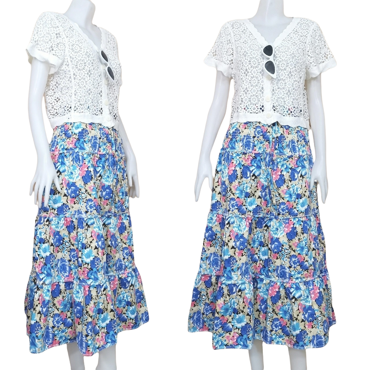 Skirt403-406 กระโปรงยาวลายดอกไม้ เอวสม็อคยางยืด ผ้าคอตตอนยีนส์, ผ้าสกินนี่เนื้อดีมีน้ำหนัก งานสวยน่ารักทรงนี้มีติดตู้ไว้ใส่ได้เรื่อยๆ งานน่ารักแมทช์กับอะไรก็เข้า