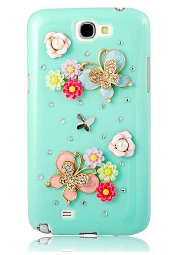 เคสโทรศัพท์ เคส Samsung Galaxy Note 2 N7100 เคส Hand made 3 D สีเขียว Theme ผีเสื้อ ใน สวนดอกไม้ ฝัง คริสตัล วิ้ง ๆ สวยสุด ๆ 844051