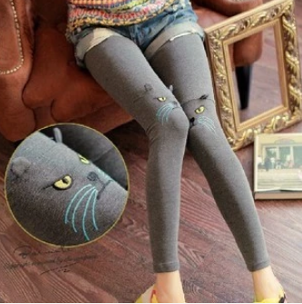 Legging เลกกิ้ง แต่งลายแมวน้อยที่หัวเข่า สีเทาน่ารักมากก พร้อมส่งจ้า