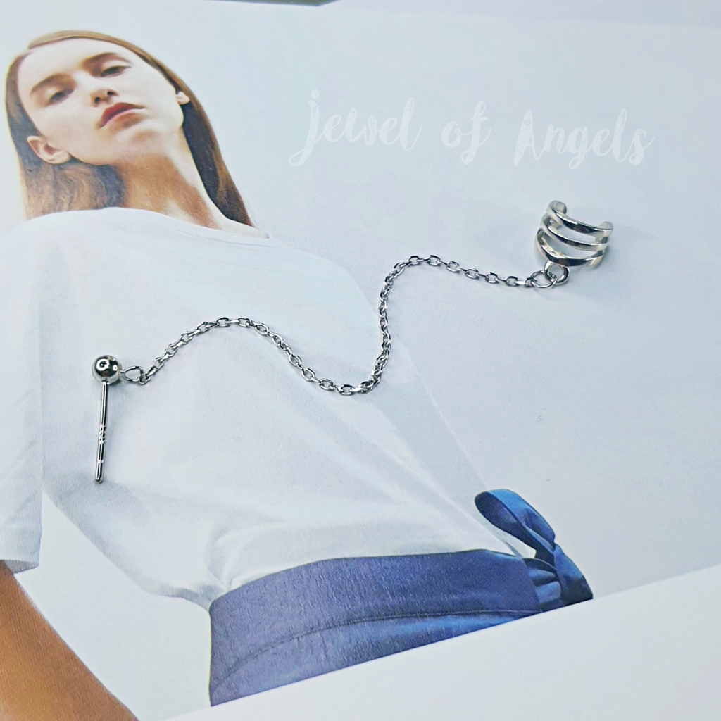 ต่างหูก้านเสียบ รุ่น Wild เงินแท้ทั้งชิ้น S925 ต่างหูหมุดกลม และ Ear Cuff 3แฉก แต่งโซ่ สีเงิน Silver925
