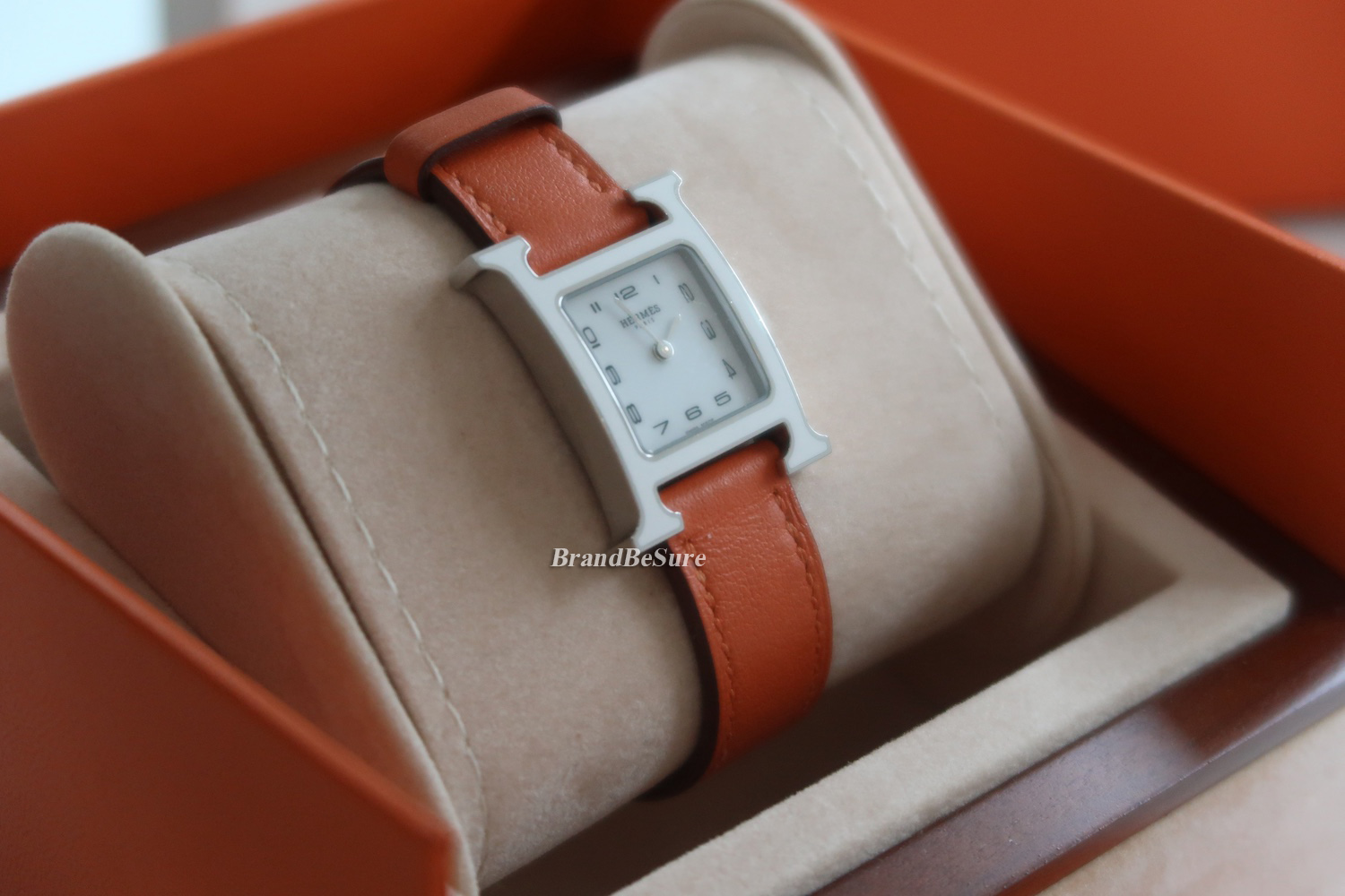 Hermes White Enamel Orange Swift H Hour PM Watch