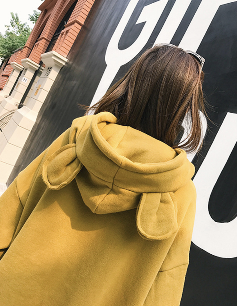 เสื้อกันหนาวฮู้ดดี้ แฟชั่นเกาหลี หูหมี ผ้าเนื้อนุ่ม ด้านในเป็นผ้าสำลี กันหนาวได้จ้า พร้อมส่ง งานจริงในภาพสุดท้าย เหลือง