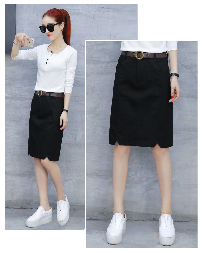 Skirt342 กระโปรงแฟชั่นผ้าคอตตอนยีนส์เนื้อดีหนาสวยสีพื้นทรงเข้ารูป ซิปหน้า กระเป๋าข้าง งานดีแมทช์ง่าย ทรงสวยเป๊ะ ใส่กับเสื้อตัวไหนก็ดูดี มี 2 สี ดำ, น้ำตาล