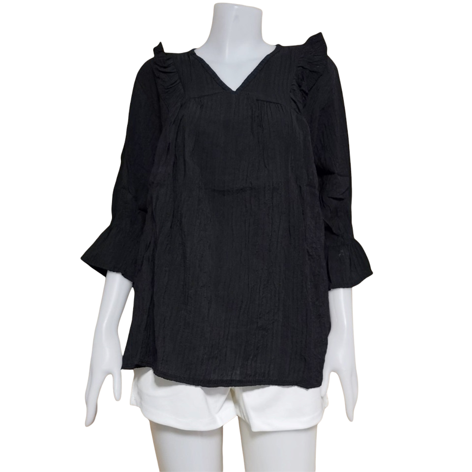 Blouse3733 เสื้อแฟชั่นไซส์ใหญ่ทรงปล่อย ทรงคอวี แขนสามส่วน ผ้าชีฟองเนื้อหนาใส่สบาย มี 2 สี ชมพู, ดำ