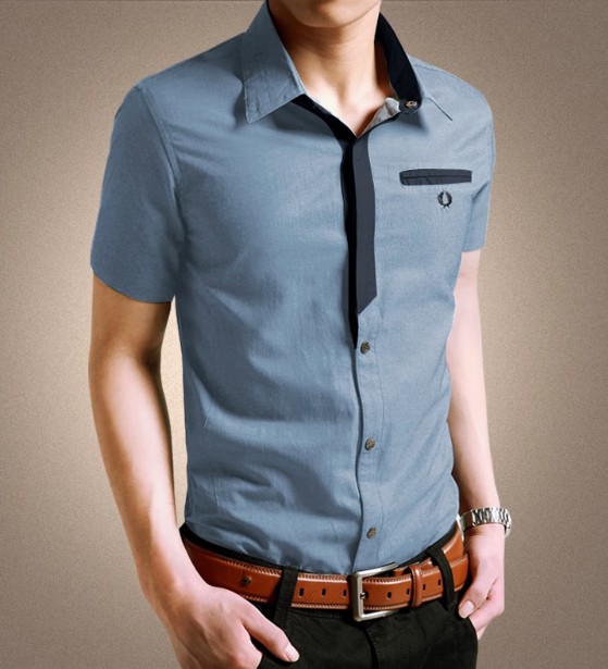 เสื้อเชิ้ตแขนสั้น เสื้อเชิ้ตผู้ชาย ใส่เที่ยวใส่ทำงาน ดีไซน์ มีลูกเล่น ที่แนวกระดุม ซ่อนกระดุมครึ่งบน กระเป๋าหน้า สีพื้น สียีนส์ no 213444_2