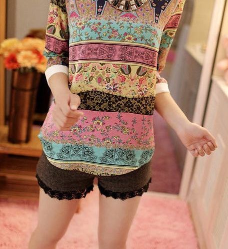 เสื้อคอกว้าง เสื้อแฟชั่น ผู้หญิง ผ้าชีฟอง ลาย Print สวย ๆ ลายดอกไม้ โทนชมพู เขียว เสื้อแขนสามส่วน ใส่กับกางเกงขาสั้น ราคาถูกมาก ๆ 719745