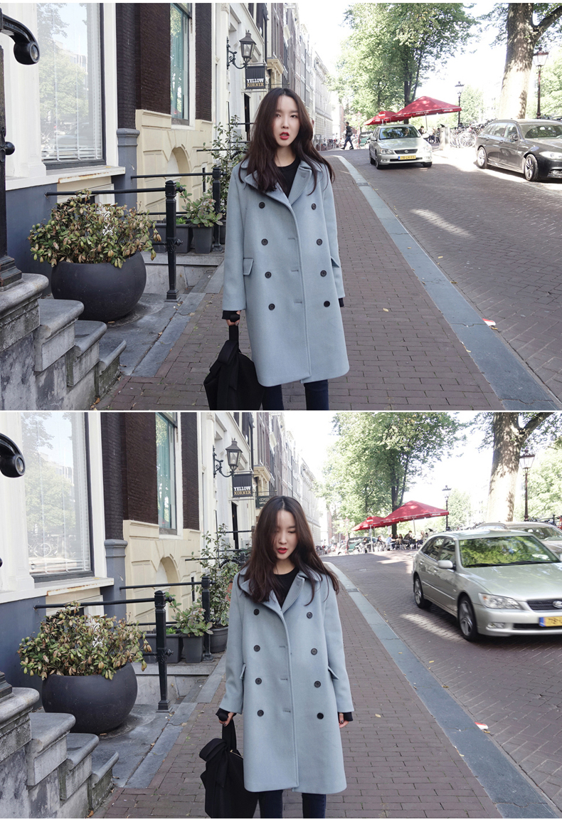 OverCoat เสื้อโค้ทกันหนาว สไตล์เกาหลี สีฟ้าอ่อน ตัวยาวแต่งกระดุมสองแถว บุซับในฟกันลม พร้อมส่ง สีฟ้าอ่อน L