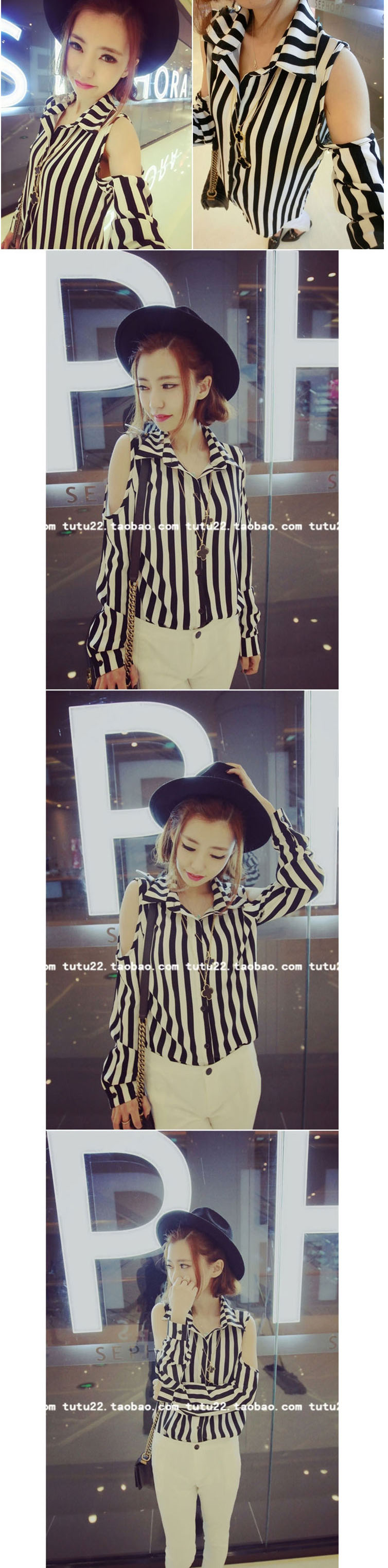 พร้อมส่ง - เสื้อแฟชั่น ชีฟองลายทางโชว์ไหล่ เก๋ๆ same pic