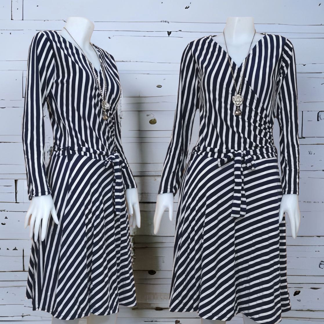 Dress2054 ชุดเดรสแฟชั่นแขนยาวลายริ้วโทนสีครีมกรม คอวีป้าย ผูกโบว์เอว ผ้าสแปนเด็กซ์เนื้อดีหนาน้ำหนักทิ้งตัว งานดีทรงสวย ใส่เที่ยว/ใส่ทำงานได้