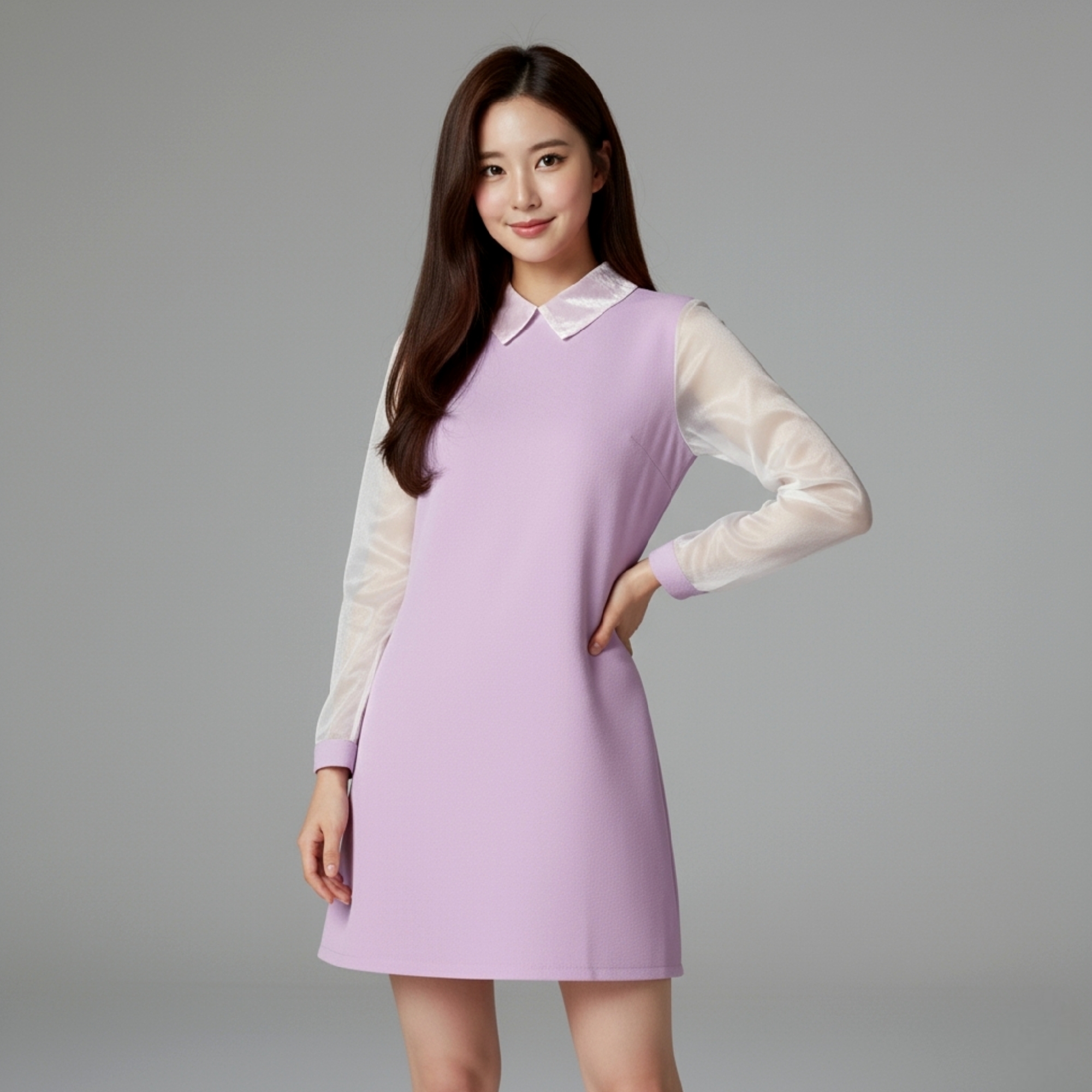 💜 Dress3118 เดรสแขนยาวคอปกผ้าโฟร์เวย์สีม่วงพาสเทล แต่งผ้าแก้วนุ่มละมุน หวานละไมสไตล์เกาหลี
