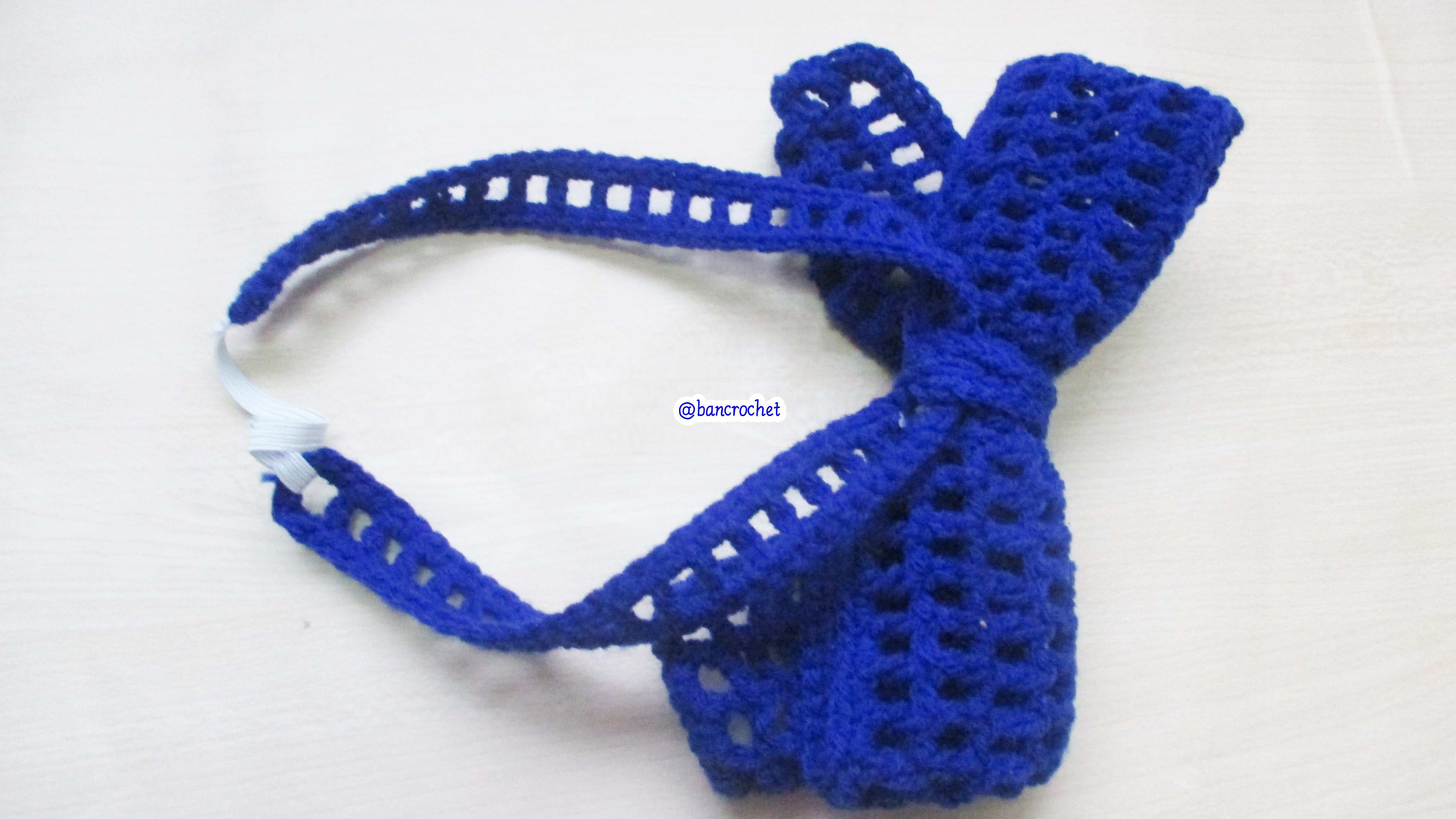 Bancrochet ที่คาดผมถักโครเชต์ โบว์ถักคาดผม Crochet Bow Headband น้ำเงิน 5 inch