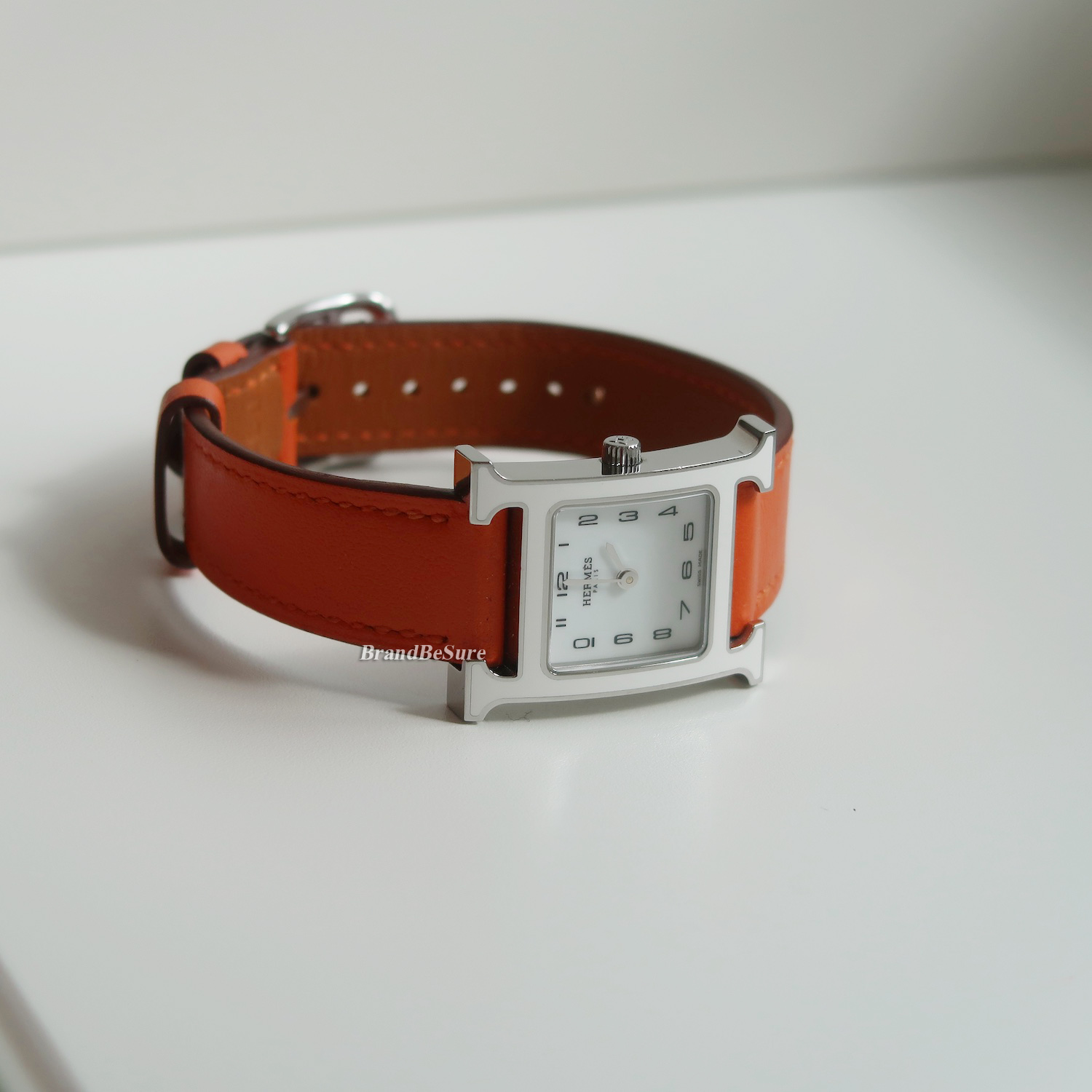 Hermes White Enamel Orange Swift H Hour PM Watch