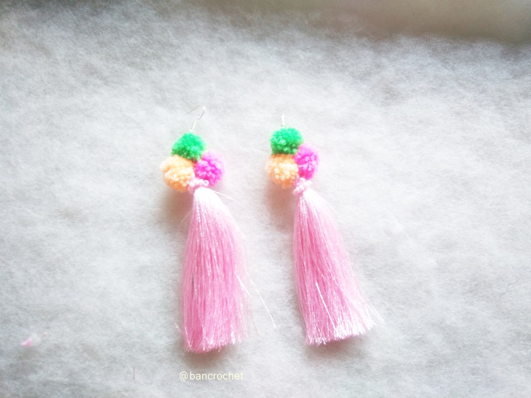 Bancrochet ต่างหูถักโครเชต์ crochet earrings สีชมพู 5 นิ้ว