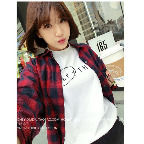 เสื้อคลุมลายสก๊อต ตัวยาว เกาหลีฝุดๆ พร้อมส่ง สีแดง