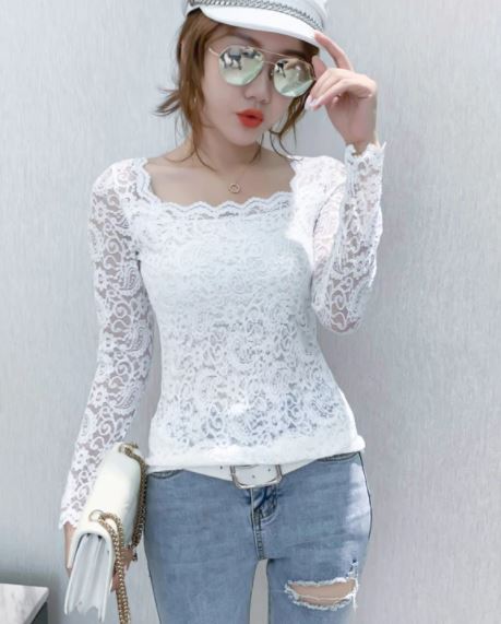 เสื้อลูกไม้ แขนยาว แบบวัยรุ่น แบบสวย คอกว้าง ทรงสี่เหลี่ยม เสื้อลูกไม้ ซีทรู ใส่เที่ยว แบบเก๋ มีสไตล์ 846137