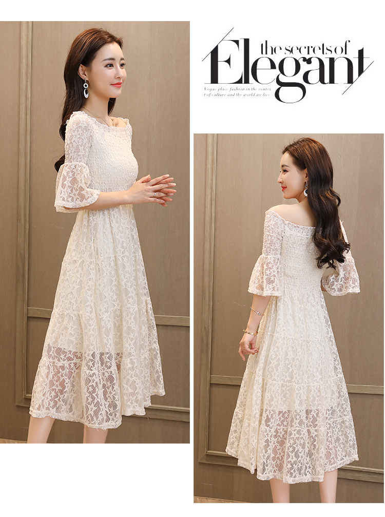 Dress4381 เดรสยาวลูกไม้เปิดไหล่สม็อครอบอก ผ้าลูกไม้ลายดาววิ้งๆ งานดีทรงสวยหรูดูแพง