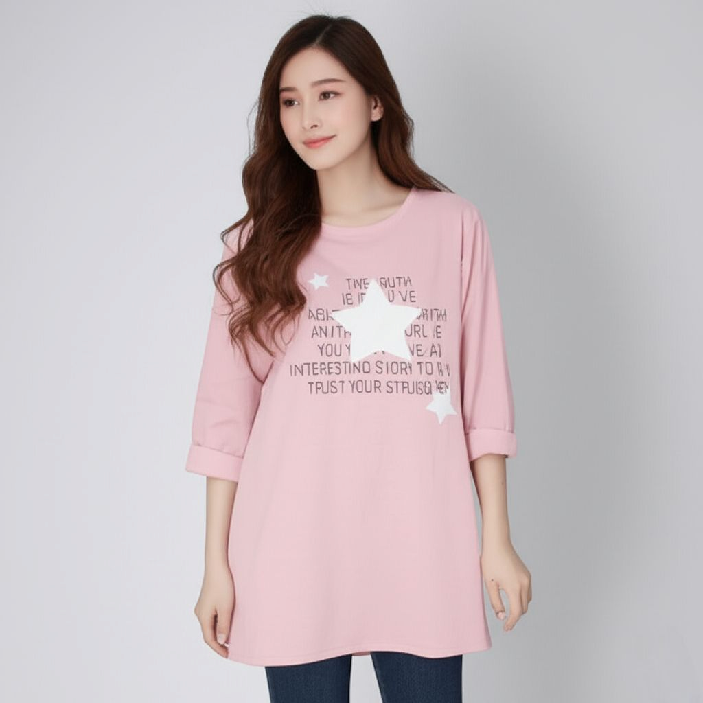 ⭐ Blouse4033 เสื้อยืดสาวอวบไซส์ใหญ่ สกรีนลายดาว แขนยาวทรงปล่อย ใส่สบาย