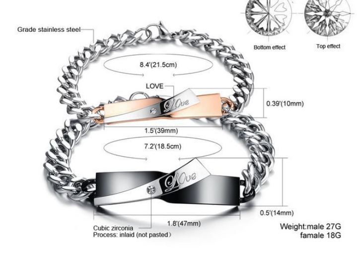 สร้อยข้อมือ ไทเทเนี่ยม สร้อยข้อมือ ดีไซน์ คู่ ชาย หญิง สลัก Love ฝังเพชร CZ ที่สวยที่สุด สี Rose Gold สำหรับผู้หญิง สวยมากค่ะ 952357