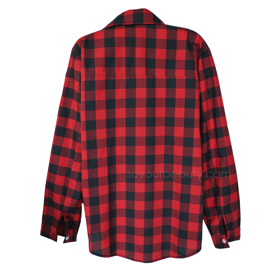 แฟชั่นเสื้อผ้า เสื้อเชิ้ตลายสก๊อตผู้หญิง ดำ-แดง