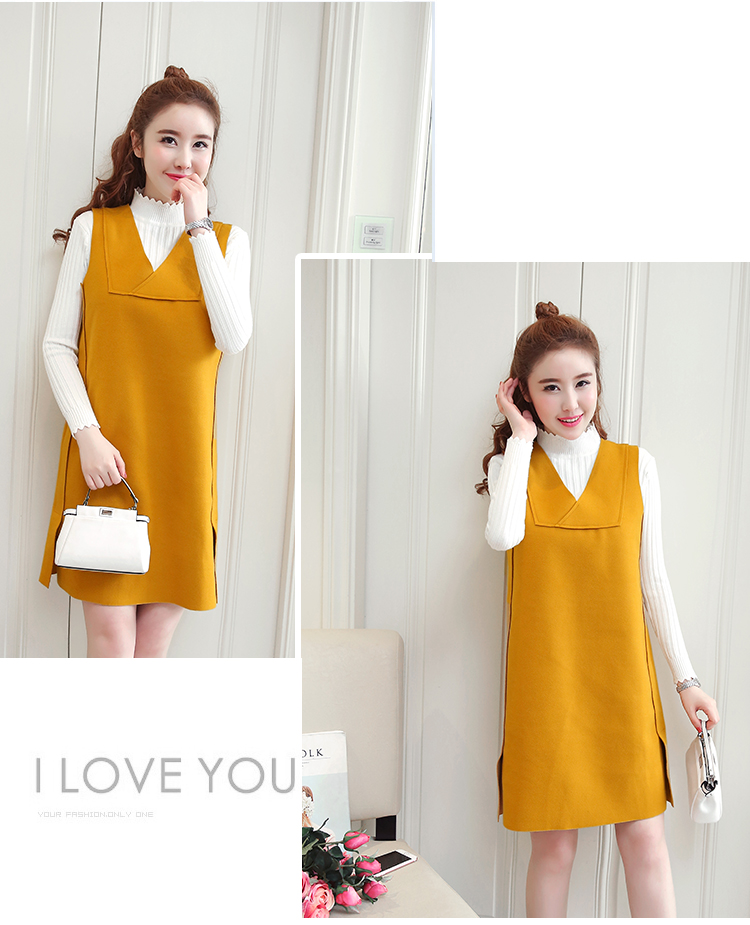 Set_bs1732 ชุด 2 ชิ้น(เสื้อ+เดรส) เดรสคอวีทรงปล่อยสีเหลืองผ้าคอตตอนกำมะหยี่เนื้อดีนุ่มใส่สบาย+เสื้อแขนยาวคอเต่าผ้าร่องไหมพรมเนื้อนุ่มยืดหยุ่นสูง งานดีดีเทลเก๋ๆ ใส่เที่ยว/ใส่ทำงานได้