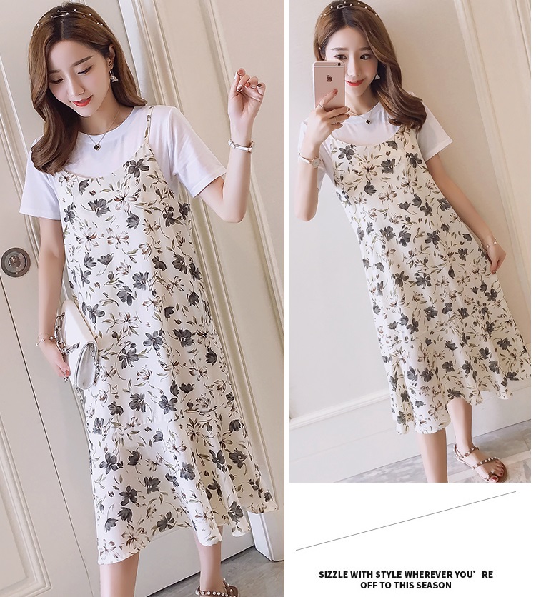Dress4749 เซ็ท(เสื้อ+เดรส) เสื้อยืดสีขาว+เดรสสายเดี่ยวชายระบายลายดอกไม้สีครีม ผ้าชีฟองเกรดพรีเมียมเนื้อหนาสวยมีน้ำหนัก งานดีทรงดี ลายสวยน่ารัก ใส่เที่ยวทะเลหรือใส่ในวันสบายๆ ก็ดูดีจ้า