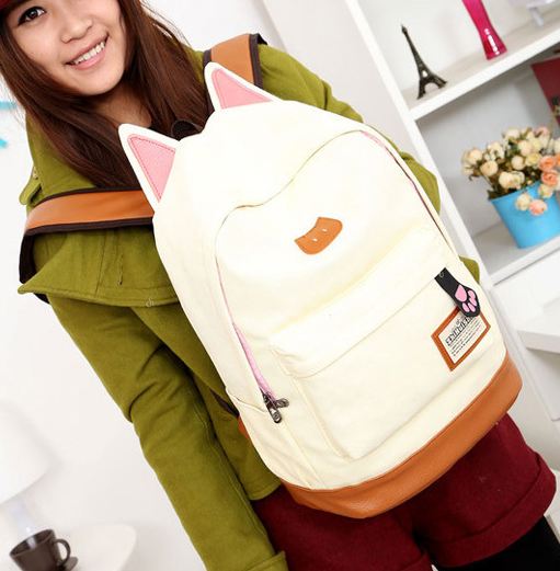 กระเป๋าสะพายหลัง กระเป๋าเป้ ผ้า canvas หรือ ผ้ายีนส์ กระเป๋าใส่หนังสือ ไปเรียนได้ แฟชั่น ญี่ปุ่น หูแมว น่ารักสุด ๆ สีเบจ ครีม no 4833060_1