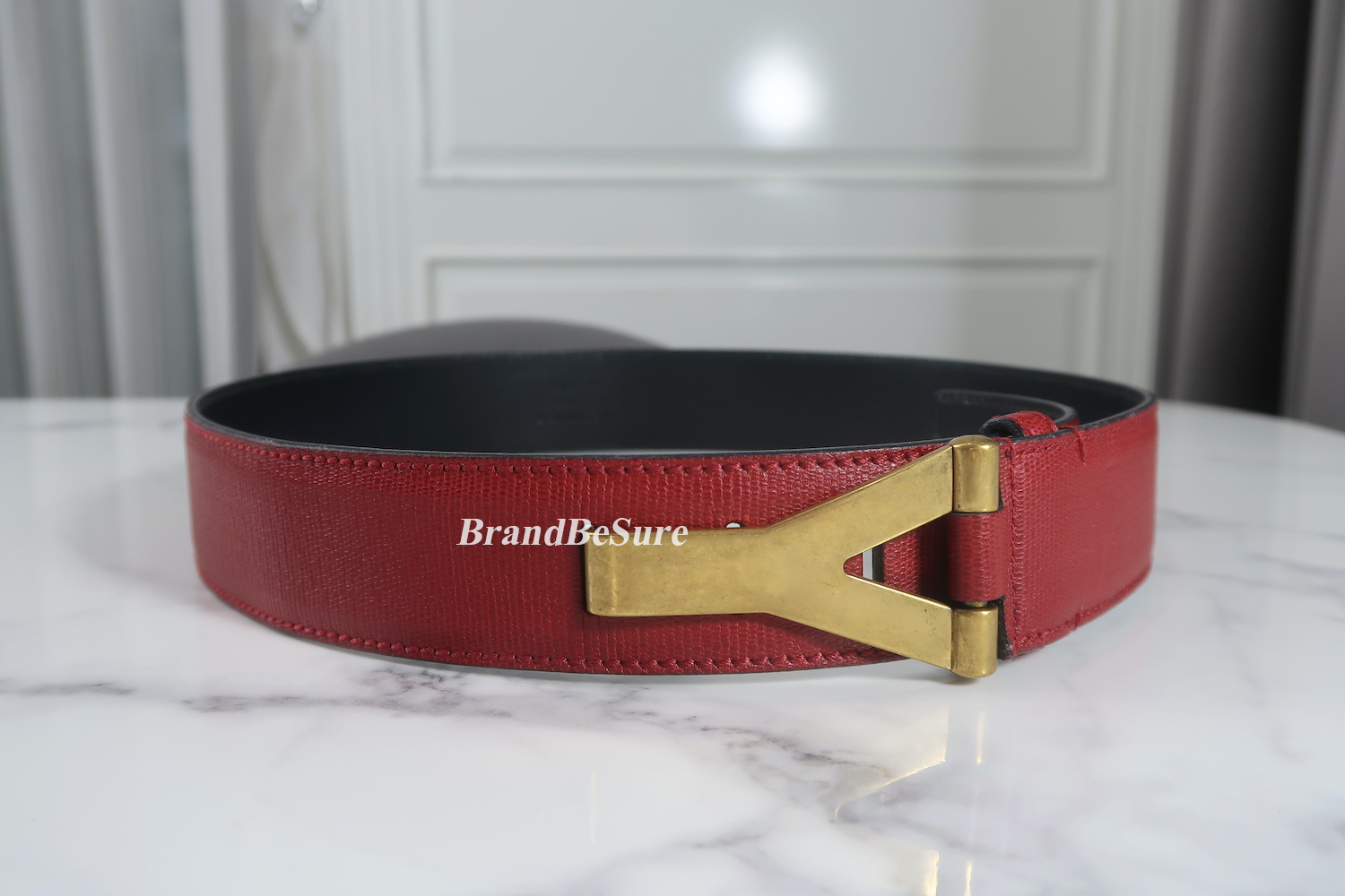 Saint Laurent Red Calf Leather Chyc Belt Size 85
