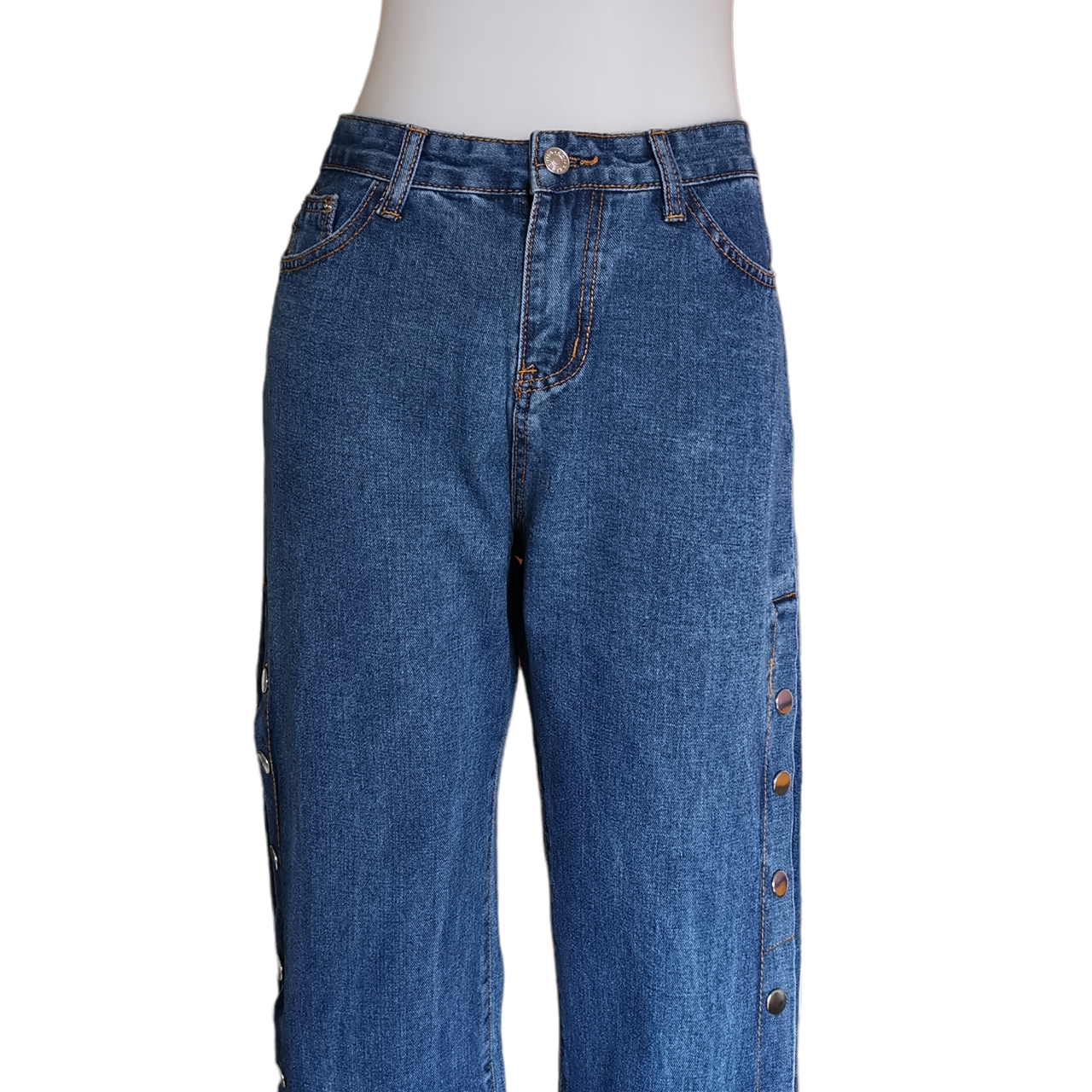 Jeans336 กางเกงยีนส์ขายาวขากระบอก ด้านข้างแต่งกระดุมแป๊กแกะออกใช้งานได้จริง แฟชั่นนำเข้าเกรดพรีเมียม