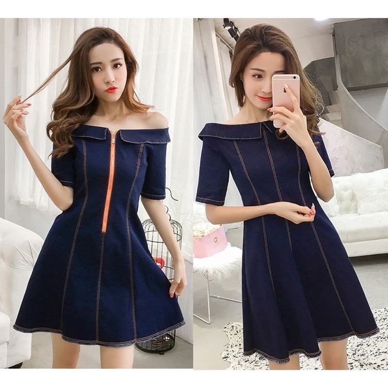 Dress4501 เดรสยีนส์เปิดไหล่แขนสามส่วน ซิปหน้าใส่ง่าย แต่งชายรุ่ยดูมีดีเทล ผ้ายีนส์แท้ยีนส์ยืดเนื้อดี