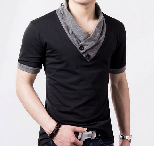เสื้อยืดผู้ชาย แบบมี ดีไซน์ เสื้อยืด แฟชั่น ผู้ชาย ออกแบบ เป็น คอวี ส่วนคอ สลับสีกับ เสื้อ เพิ่มความเก๋ ส่วนแขน พับ 2 สี สีดำ 137098