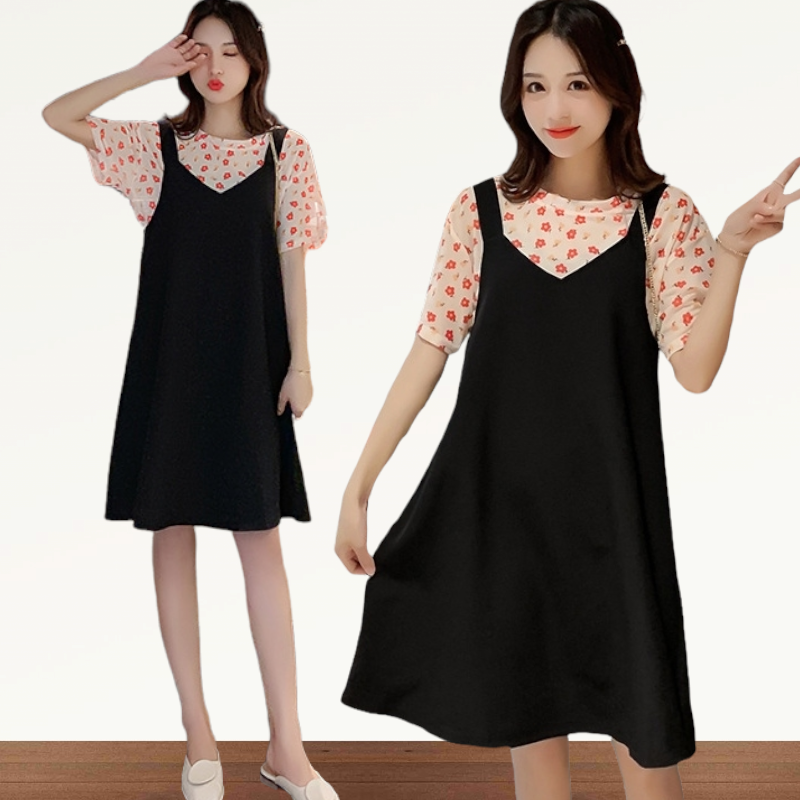 Dress4614 ชุดเดรสกระโปรงทรงปล่อยสีดำซิปหลังผ้าโพลีเนื้อดี พร้อมเสื้อตัวในลายดอกไม้โทนสีส้มผ้าเนื้อดียืดหยุ่นสูง งานสวยน่าใส่ ผ้านุ่มใส่สบาย แมทช์ได้ลงตัว ใส่เที่ยว/ใส่ทำงานได้