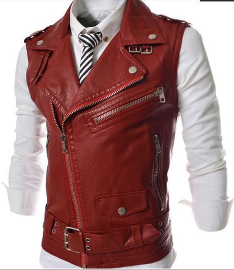 เสื้อ Jacket หนัง ผู้ชาย แจ็คเก็ตหนังแขนสั้น แบบเสื้อกั๊ก ดีไซน์ ตกแต่ง ซิป ด้านหน้า แบบเท่ ๆ สไตล์ อเมริกัน สีแดง no 78133_1
