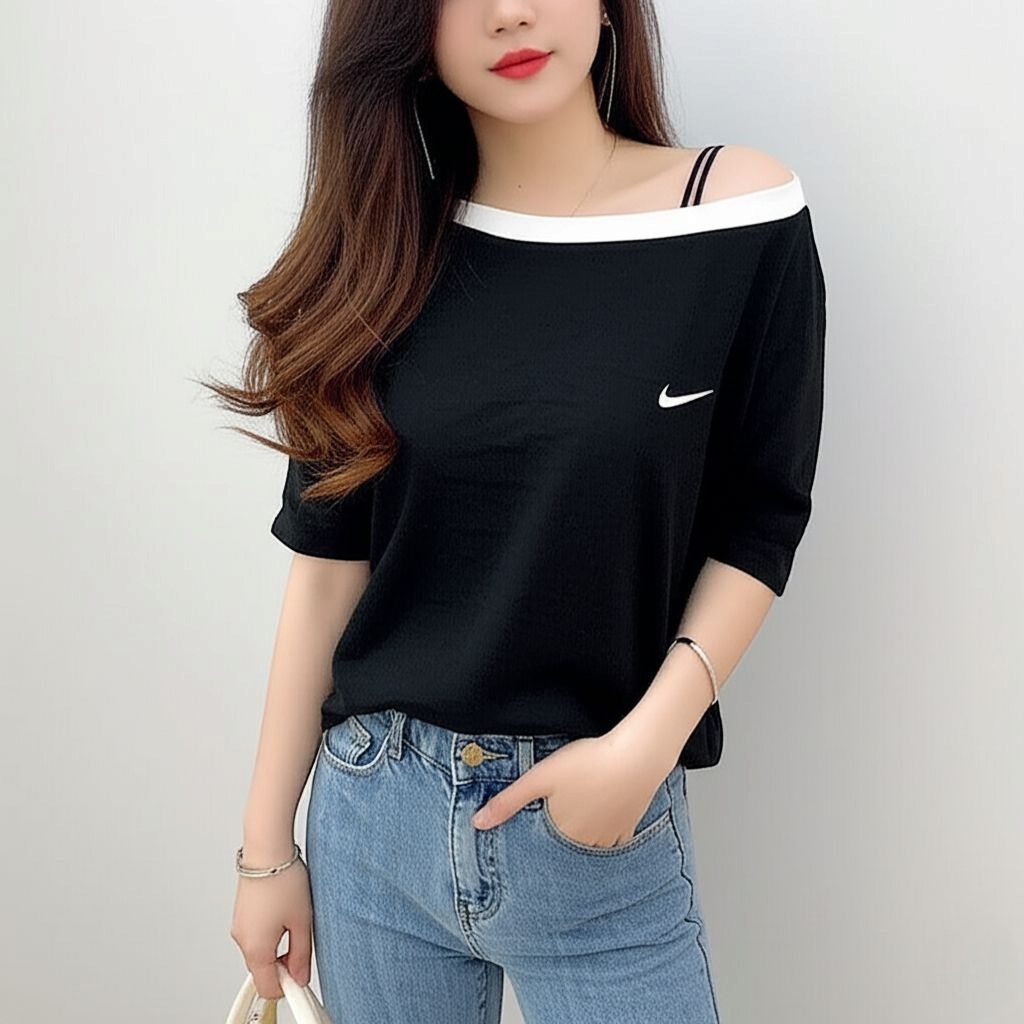 Blouse3907 เสื้อแฟชั่นนำเข้า เสื้อปาดไหล่สีดำคอปาดแต่งขอบสีขาว แขนสามส่วน ผ้าคอตตอนเนื้อดีนุ่มใส่สบาย งานน่ารักแมทช์กับอะไรก็เข้า