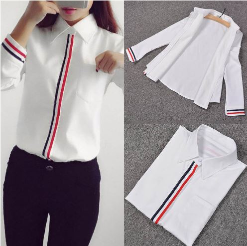 เสื้อเชิ้ตผู้หญิง เสื้อเชิ้ตแขนยาว ใส่ทำงาน เสื้อเชิ้ต สีขาว ตีลายเส้น สวย เท่ สไตล์ ผู้หญิงทำงาน s458071