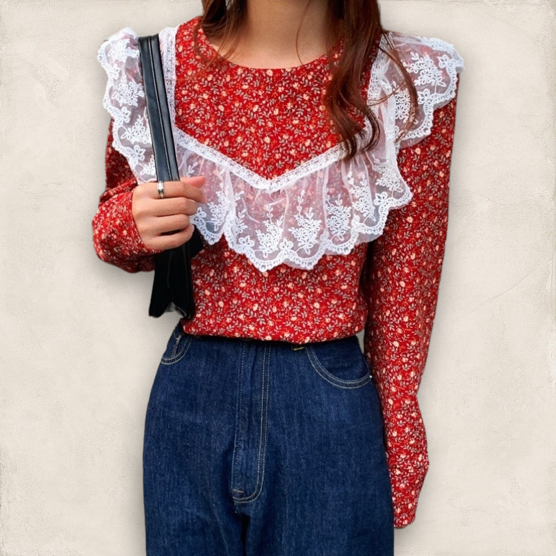 Blouse4044 เสื้อแขนยาวลายดอกไม้สีเลือดหมู อกแต่งลูกไม้โปร่ง ผ้าลูกฟูกเนื้อดีนุ่มใส่สบาย