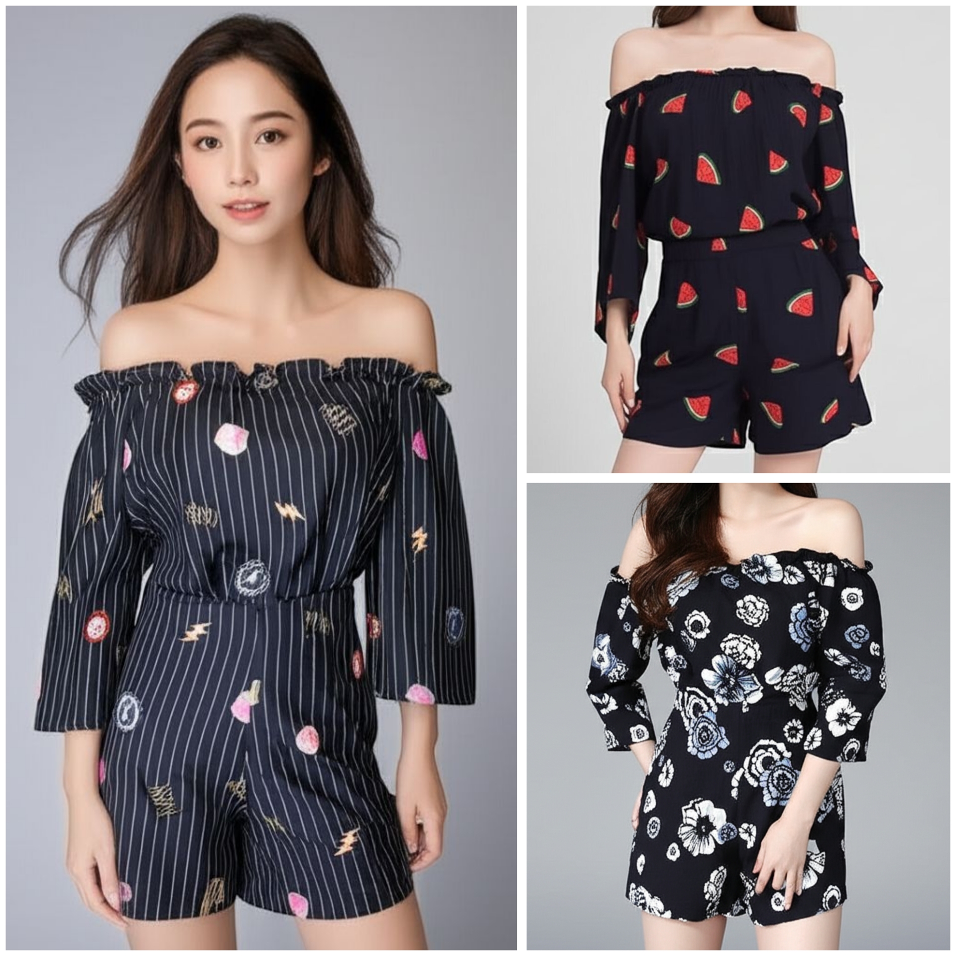 Set_bp1416 ชุดเซ็ท 2 ชิ้น(เสื้อ+กางเกง) เสื้อเปิดไหล่แขนยาวทรงปล่อย+กางเกงขาสั้นเอวยืด ผ้าไหมอิตาลีเกรดเอเนื้อดี